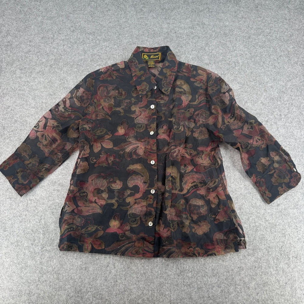 Mirasol Womens Paisley Burnout Button Up Blouse Black Red Linen Blend Medium